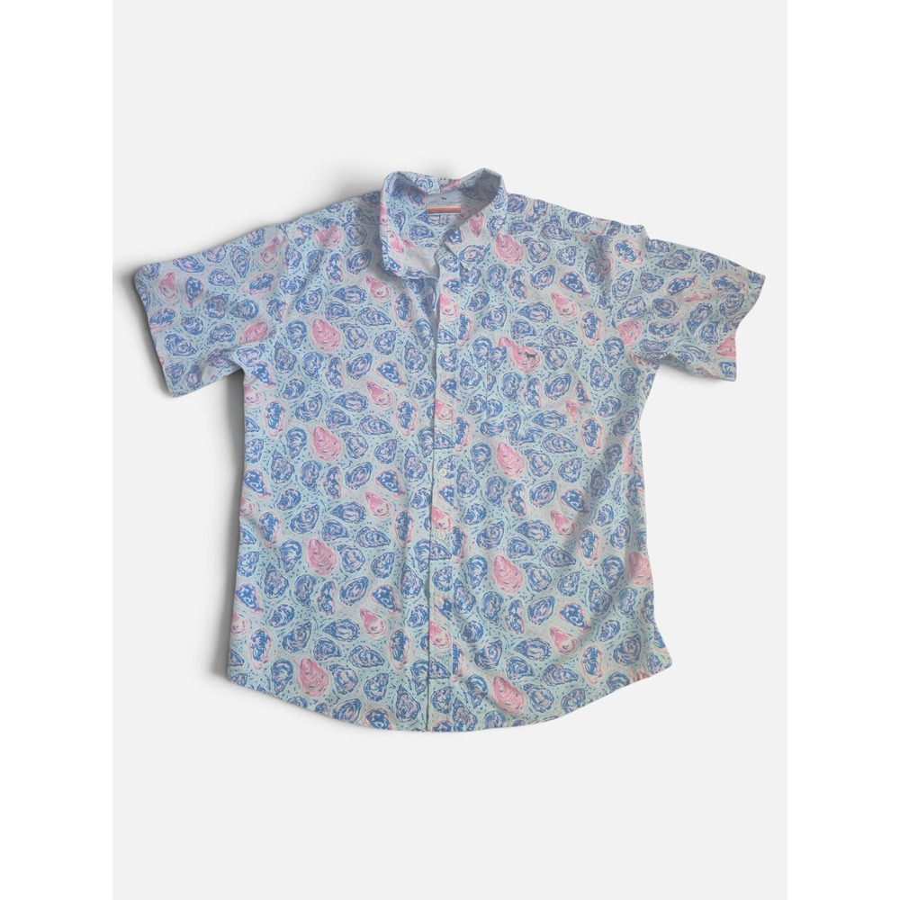 Simply Southern Men's Blue Pink Oyster Print Coatal Button Down Short Sleeve